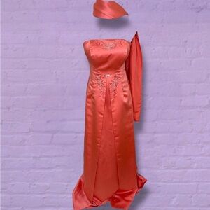 Elegant Coral Strapless Gown with Embroidery & scarf